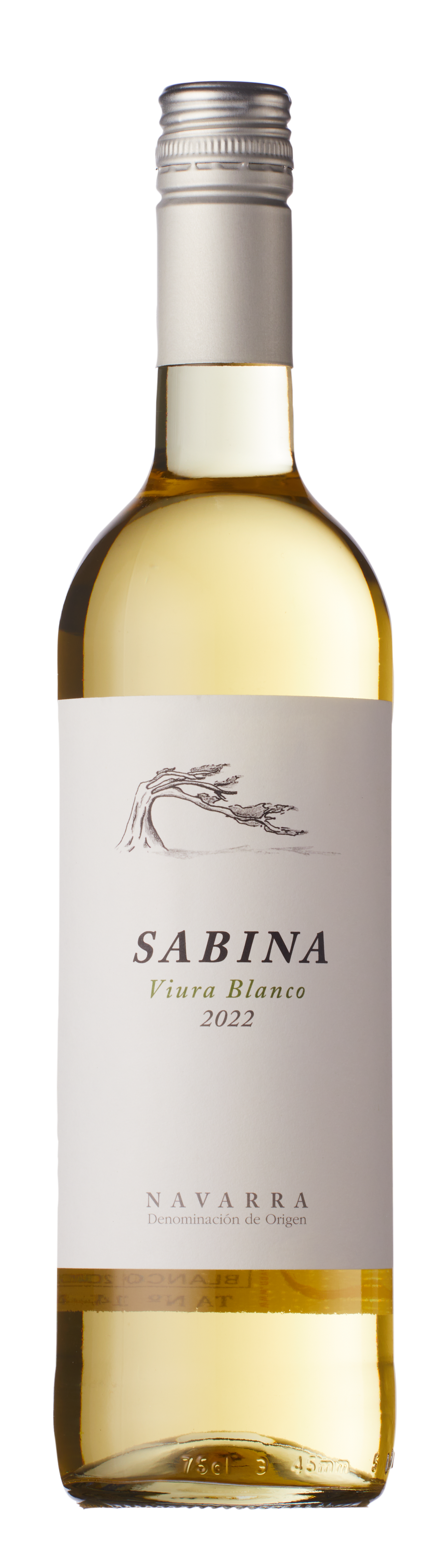 Bottle of Sabina Vino Blanco 2022 wine with a white label on a white background