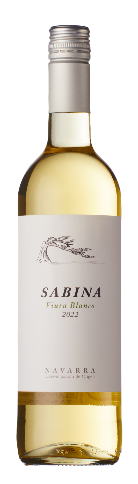 Bottle of Sabina Vino Blanco 2022 wine with a white label on a white background